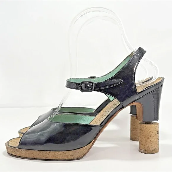 Chanel "Chateau Chanel" Wine Cork Heel Pumps Black Patent w Blue Accent Sz 37.5 - Picture 4 of 12